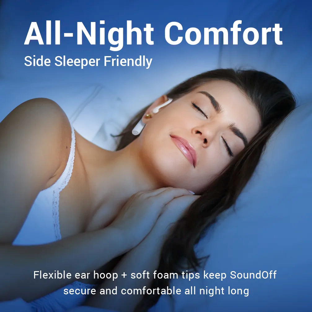 SOUNDOFF noise masking earbuds for better sleep with all night comfort, side sleeper friendly