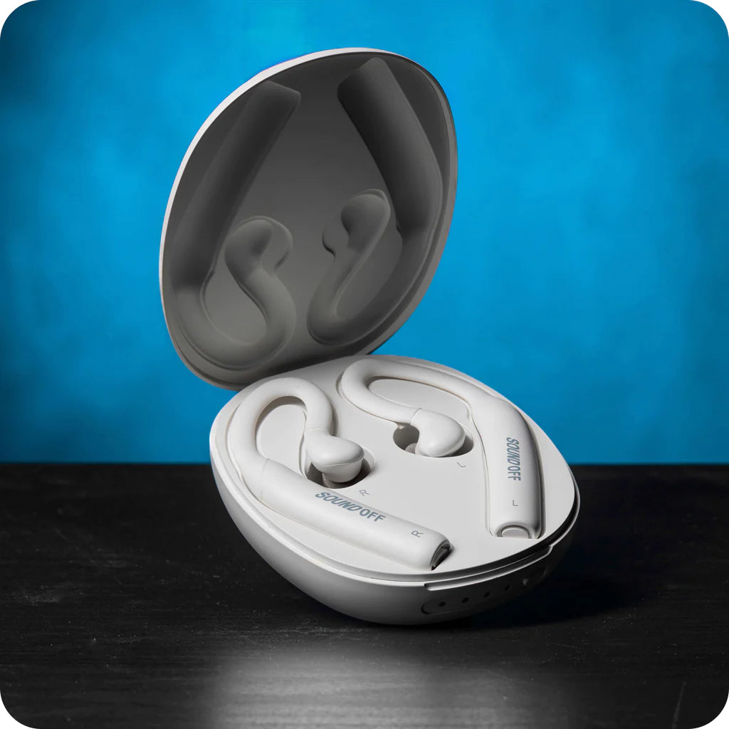 SoundOff Noise Masking Earbuds in Charging case with Blue Background