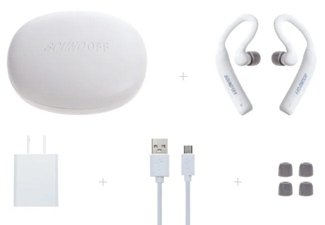 soundoff-sleep-earbuds-case, earbuds, plug, USB cable, 2 sets foam tips