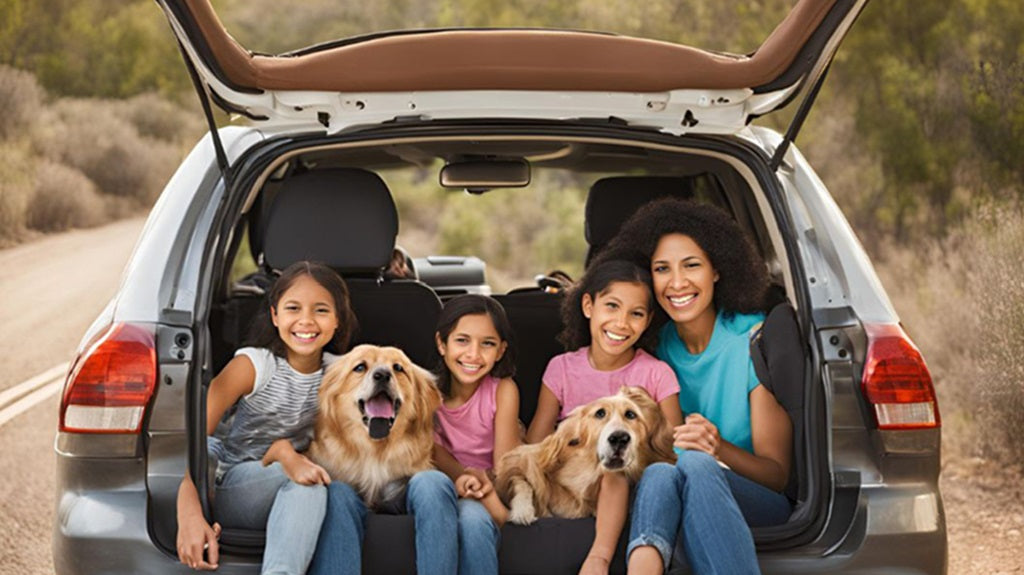 Road Tripping Mother, Daughters and 2 Dogs sitting happily on tailgate