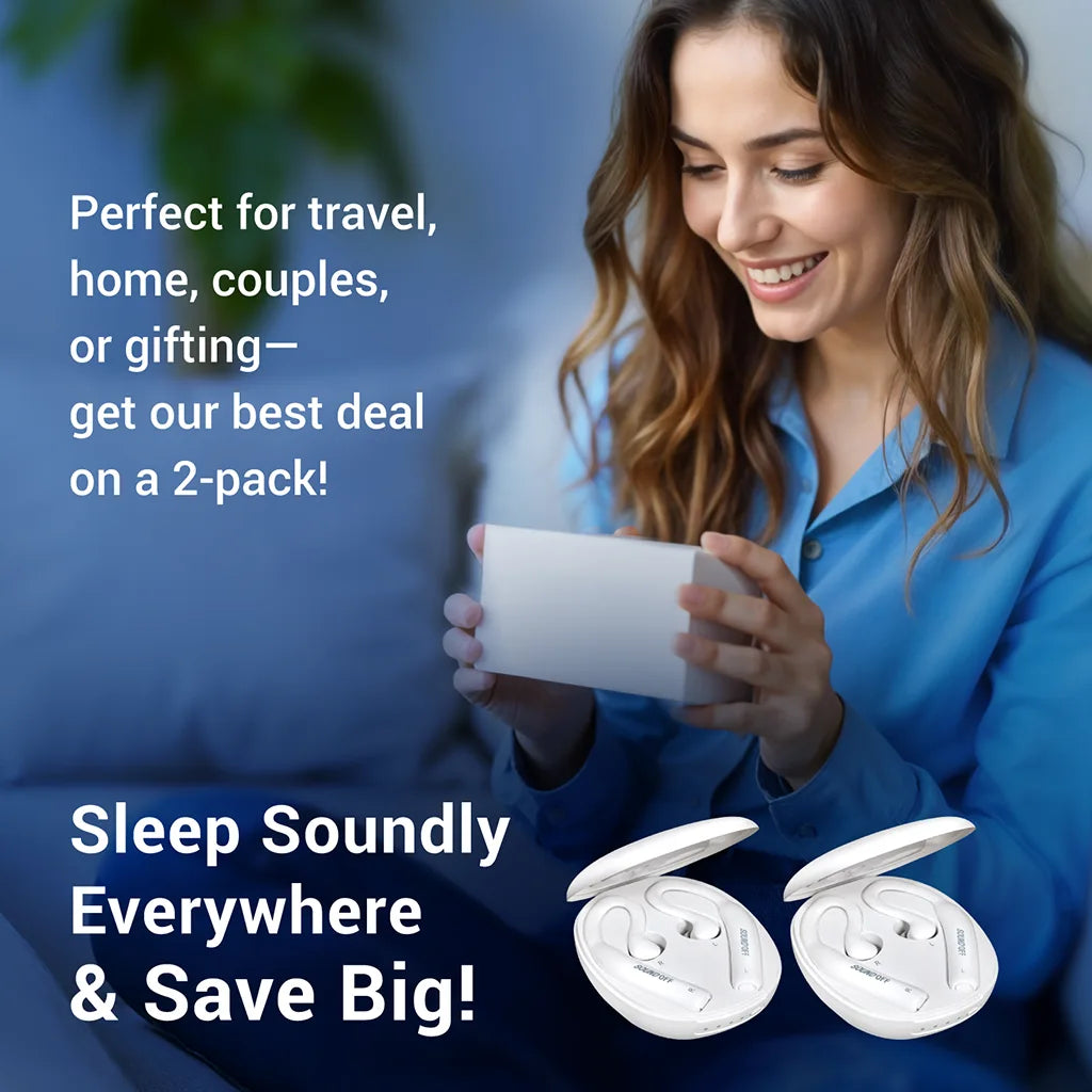 SOUNDOFF noise masking earbuds for best sleep and blocking snoring perfect for travel, home, couples, and gift. Buy 2 and save big