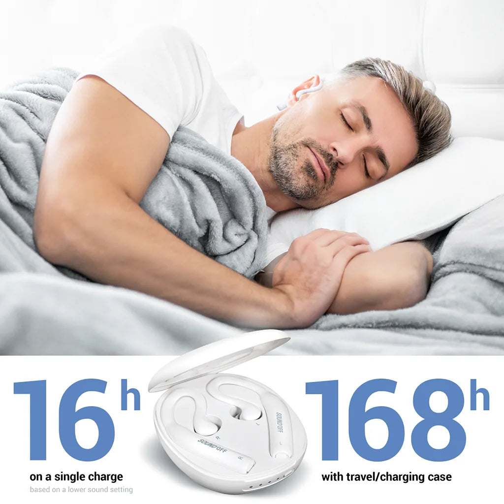 SOUNDOFF noise masking earbuds for better sleep and blocking snoring 16h on single change, 168h in travel/charging case