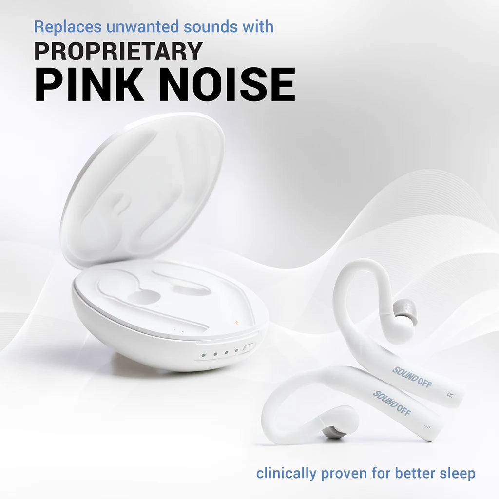 SOUNDOFF noise masking earbuds replace unwanted sounds with proprietary pink noise clinically proven for better sleep