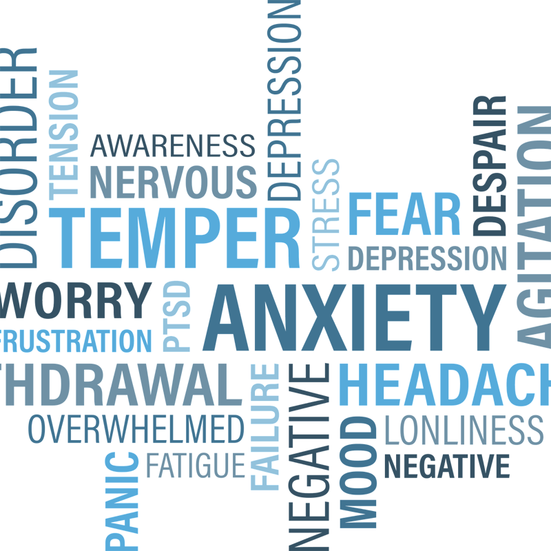 Illustration of words associated with anxiety like Panic Tension Despair Negative Fatigue