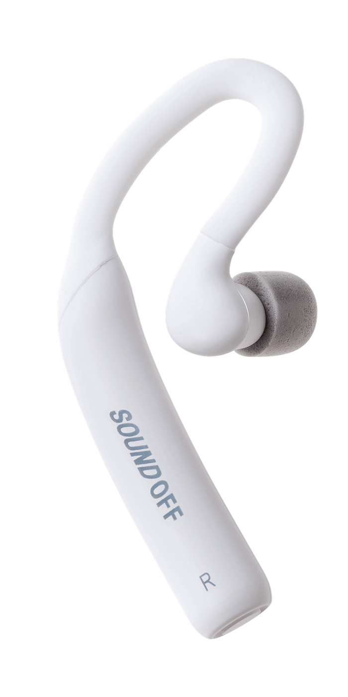 A white right earbud of the SoundOff Sleep Noise Masking Earbuds